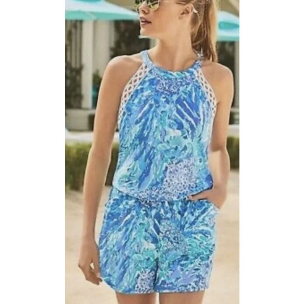 Lilly Pulitzer Blue Haven HEY SOLEIL LALA ROMPER Halter Neck Lace Detail Large